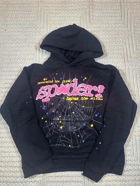 Black Graphic Hoodie Vest with Pink 'Spiders' Design